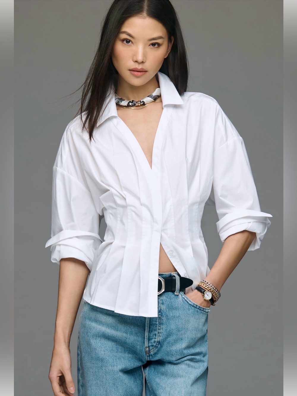 New With Tags Anthropologie Petite Waisted Button Down Shirt Sz SP (oversized)